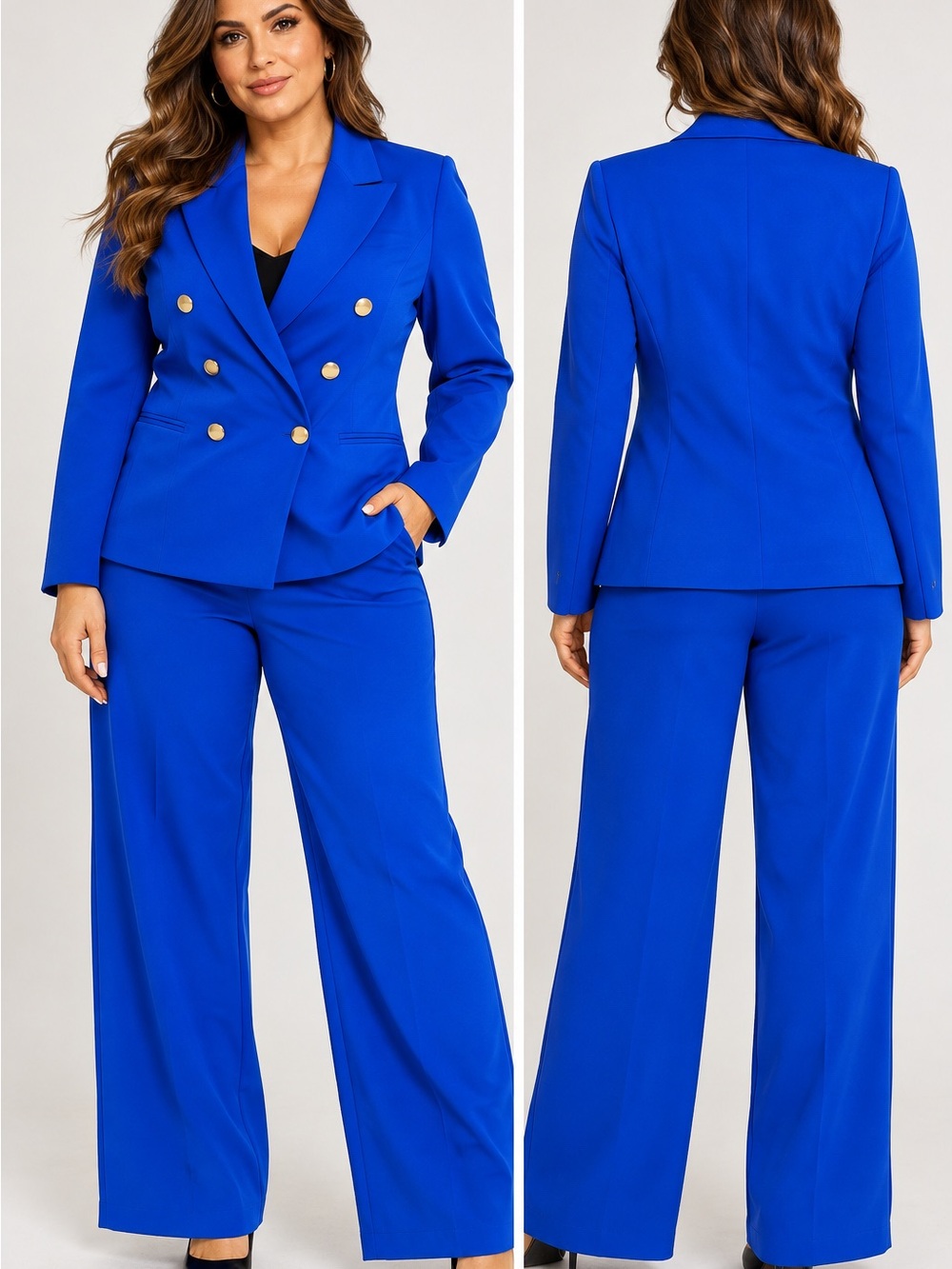 Women's Double-Breasted Wide-Leg Suit - Royal Blue